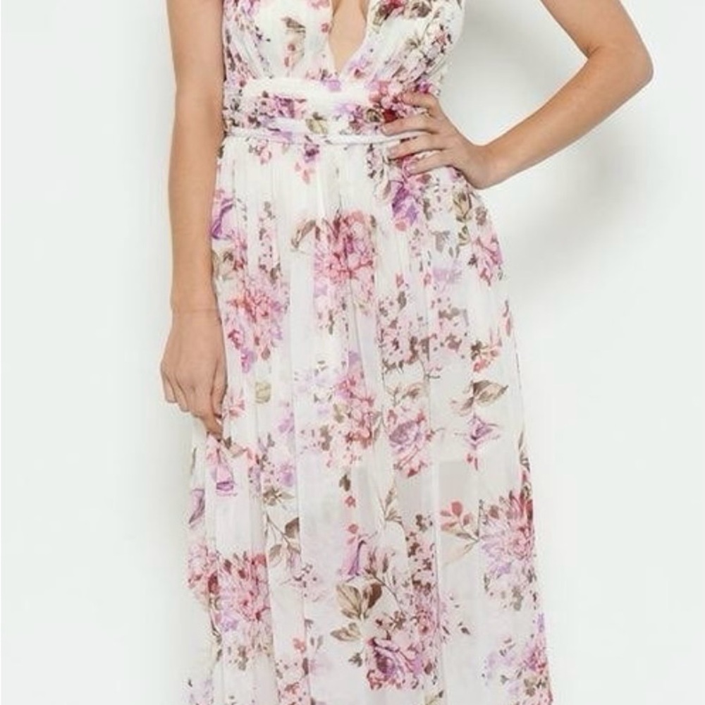 Solemio Floral Pink and White Maxi Dress